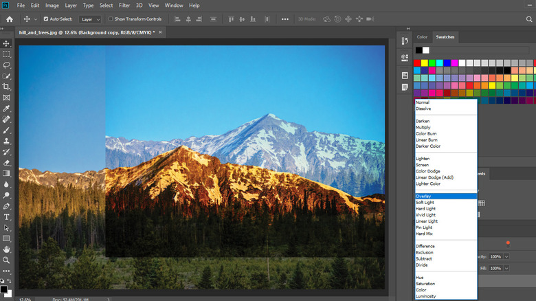 Photoshop window showing two images in normal and overlay modes