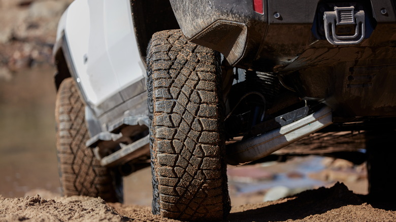 A close-up of the GMC Hummer EV's Crab Walk in action