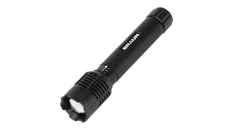 A black, metal flashlight