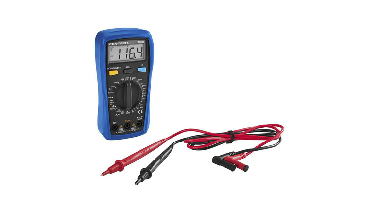 A blue multimeter with the standard red and black cables