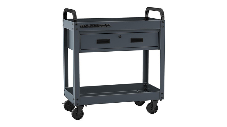 A gray service cart with a drawer on wheels