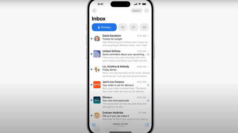 iphone mail app with primary focus