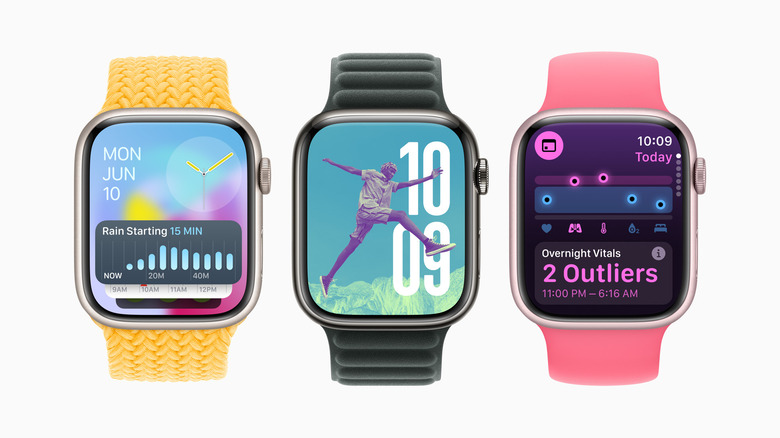 3 Apple Watches showing various WatchOS 11 features