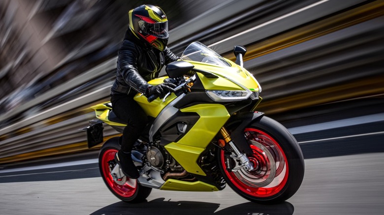 Yellow Aprilia RS 660 in motion