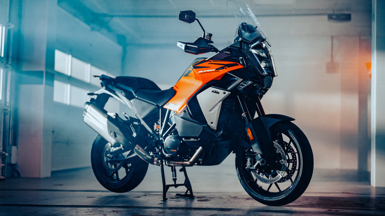 KTM 1390 Super Adventure S Evo indoors on a stand