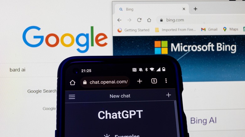 OpenaAI ChatGPT, Microsoft Bing and Google Bard on screens.