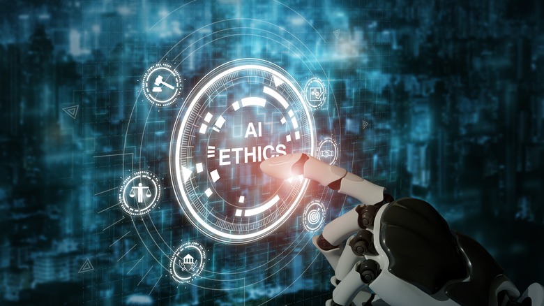 A digital graphic with a robotic finger touching the words AI ethics
