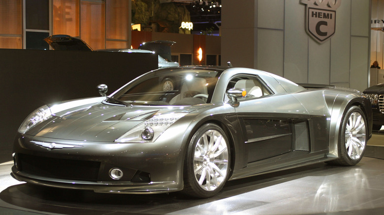 The Chrysler ME-FOUR TWELVE concept at an auto show, front 3/4 view