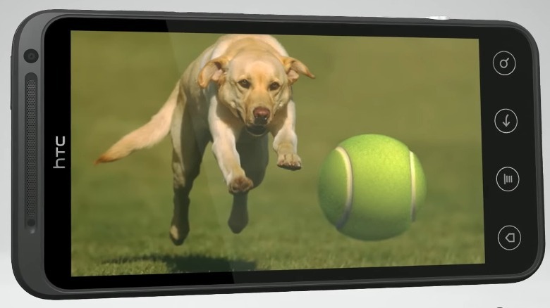 A dog chasing a ball that appears to be bouncing out of the HTC Evo 3D display.