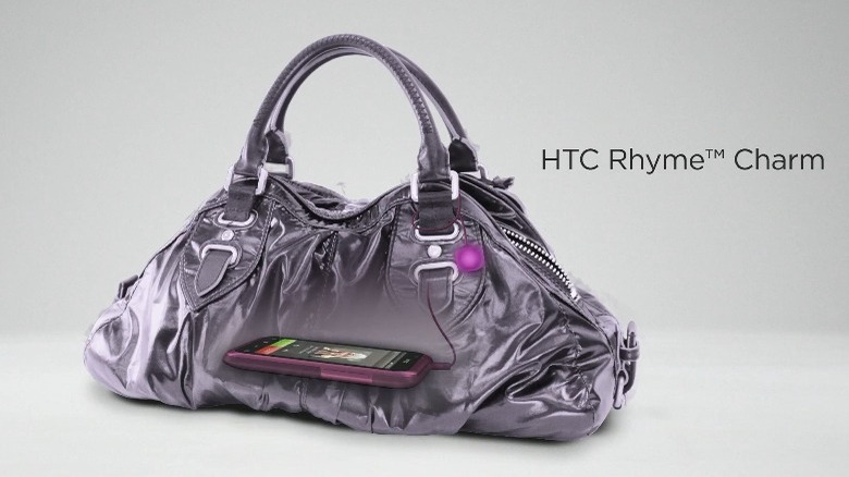 An HTC Rhyme inside a bag with the 'charm' glowing.