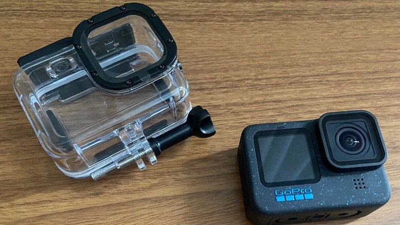 a go pro with a waterproof case