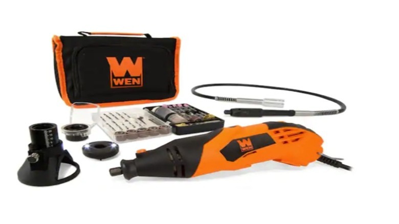 WEN branded rotary tool set in orange with attachments and carrying case