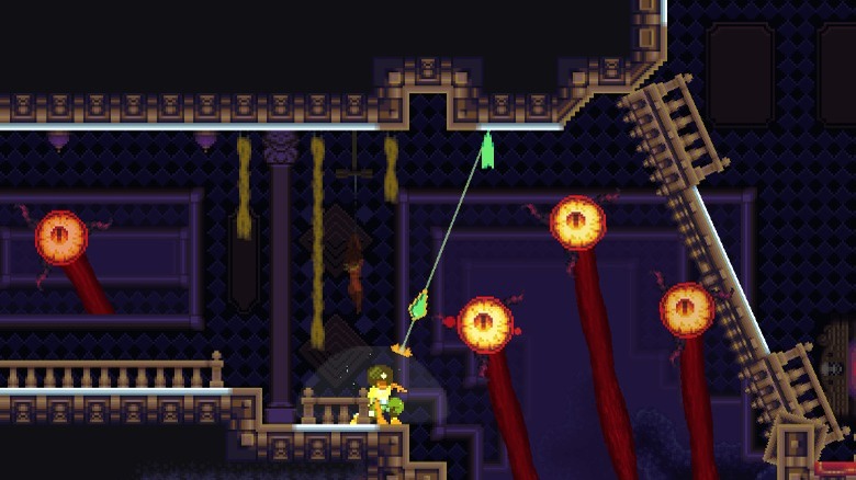 Dandara navigating a stage and aiming at the ceiling