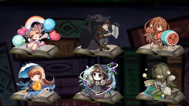 A bookshelf showing different characters in Deemo