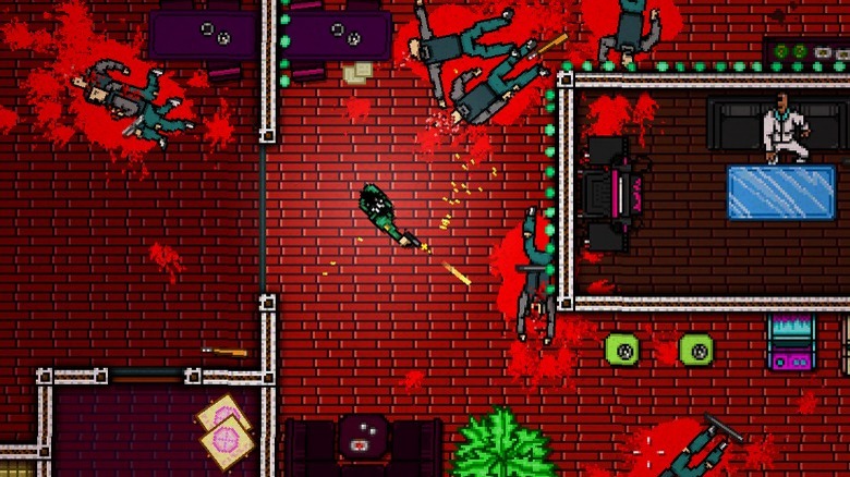 Fighting enemies in a stage of Hotline Miami 2