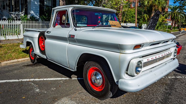 Wide angle front corner view of a 1965 Chevrolet C10 Pickup Truck