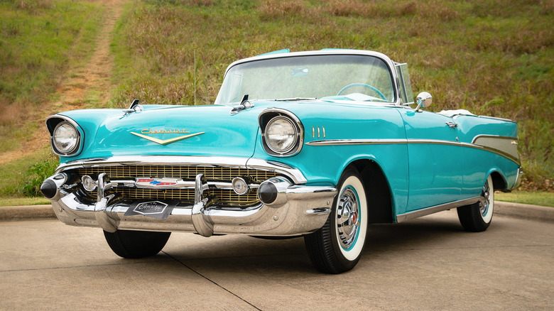 A light blue 1955 Chevy Bel Air