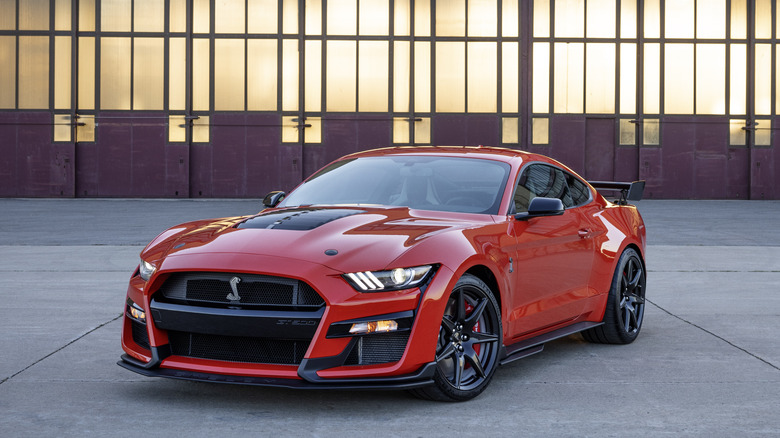 The 2022 Shelby GT500 in orange, front 3/4 view