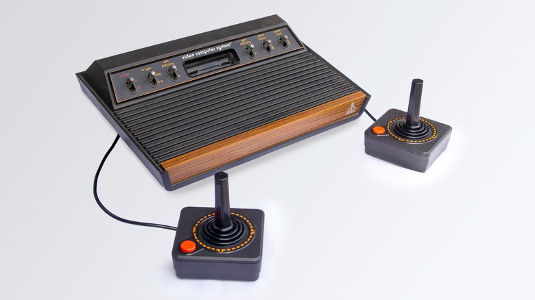 An Atari 2600 with two joysticks.