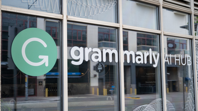 Grammarly AI Hub plasted across building's windows