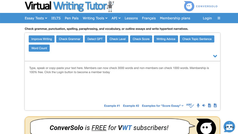 Virtual Writing Tutor homepage