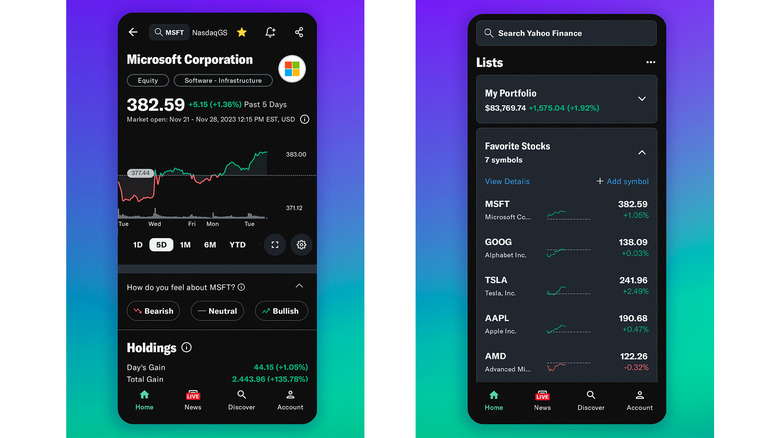 Two screenshots of the Yahoo Finance app