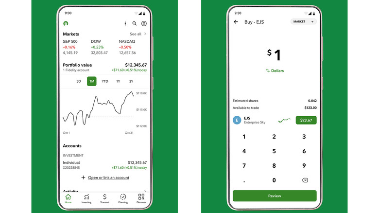 Two screenshots showing Fidelity's mobile app