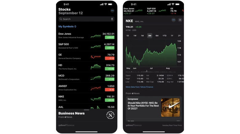 Two screenshots of the Apple Stocks app