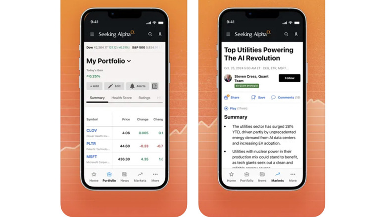 Two screenshots of the Seeking Alpha app