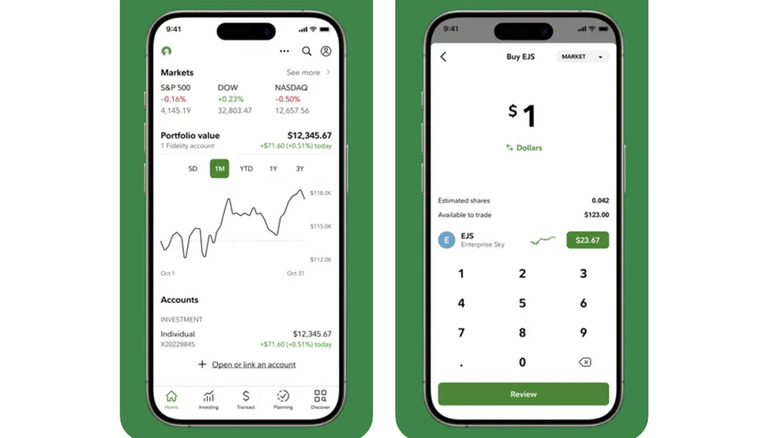 Two screenshots of the Fidelity Investments app