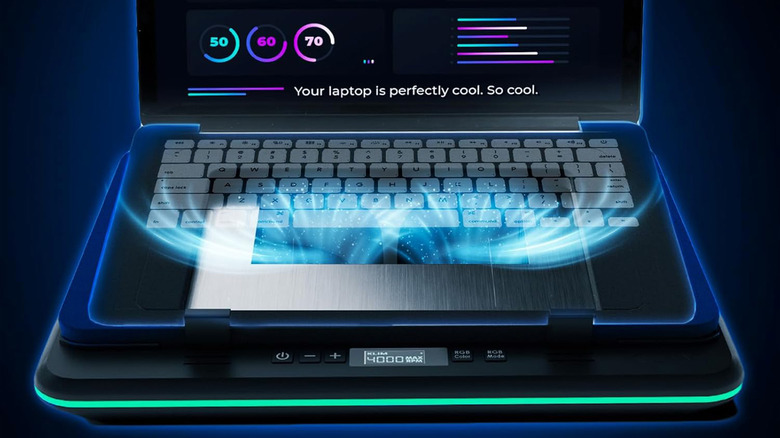 A stylized graphic of a laptop receiving cool air