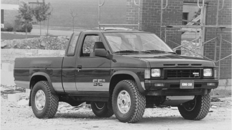 A 1988 Nissan D21 in black and white