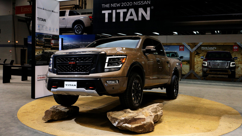 A 2020 Nissan Titan on display at an auto show