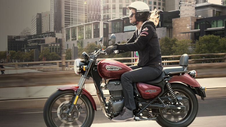 Woman riding a Meteor 350 motorcycle