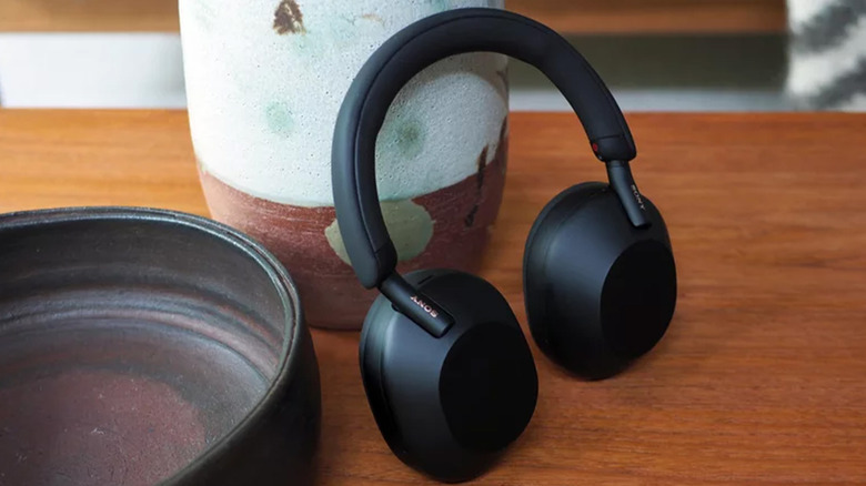 A pair of Sony headphones on a table