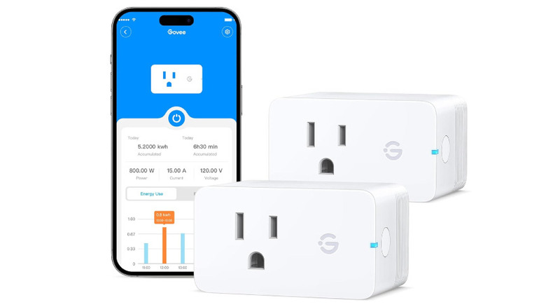 Two Govee smart plugs with a smartphone displaying the Govee app