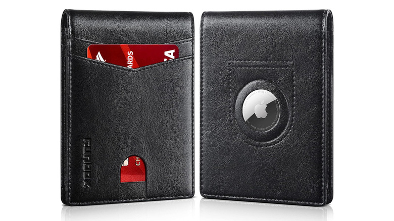 A black leather bifold wallet with an AirTag wallet