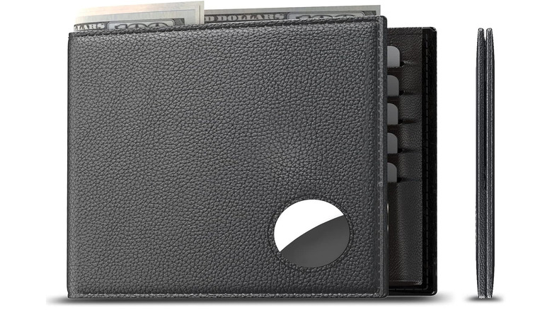 A bifold black leather wallet with an AirTag pocket