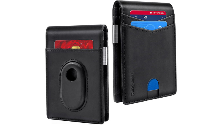 A black leather wallet with a Galaxy Tag slot