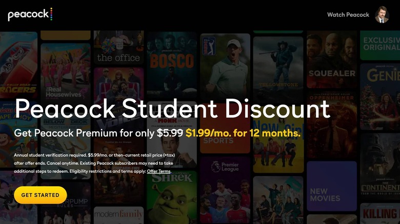 Peacock student discount page