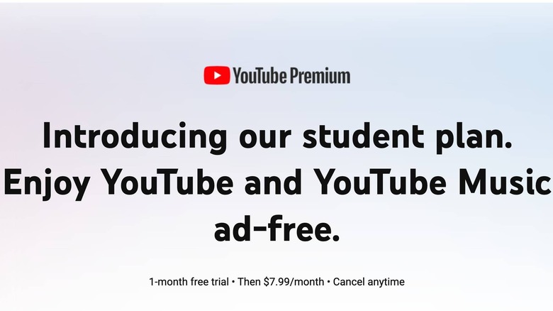 YouTube Premium student discount page