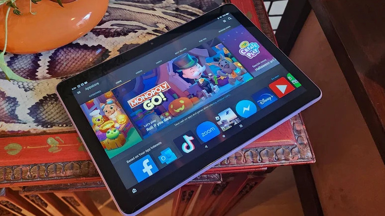 Amazon Fire HD 10 with the Amazon Appstore open on the screen