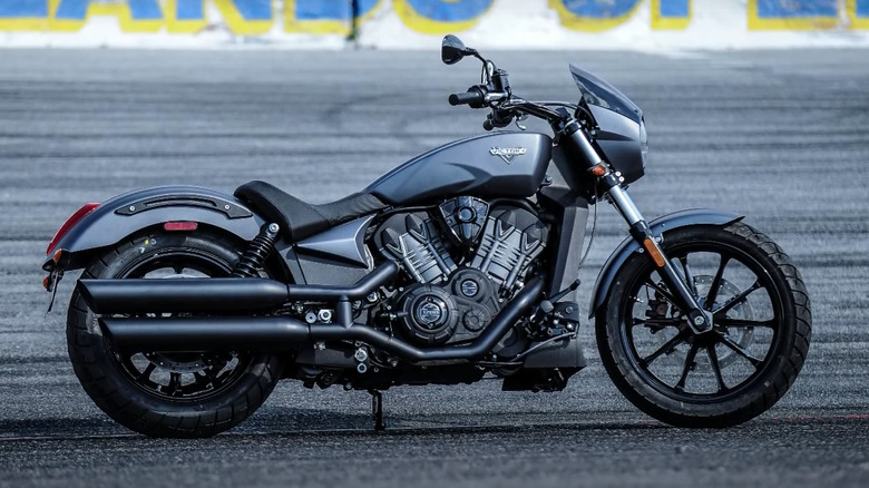 black Victory Octane motorcycle parked on track