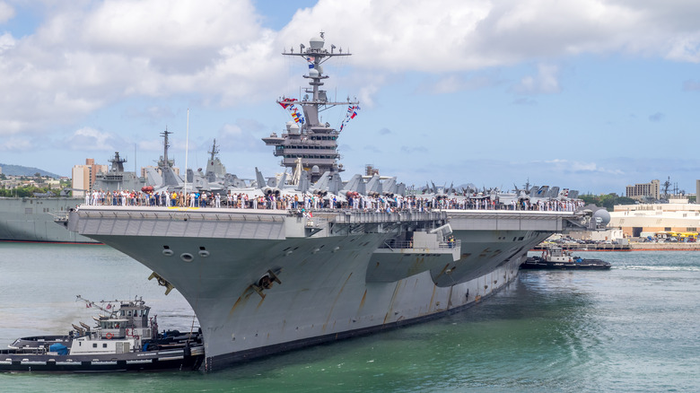 A Nimitz-class carrier in port