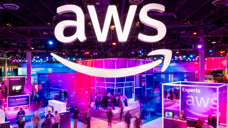 Amazon Web Services logo in lights