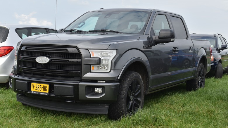 A grey Ford F-150 truck parked on a field