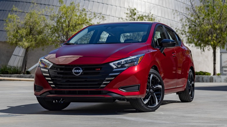 Red 2025 Nissan Versa on display