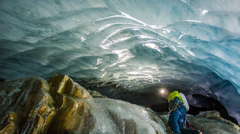 Using a headlamp in a ice cave.