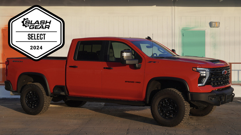 Red 2024 Chevrolet Silverado HD ZR2 Bison with an Editor's Choice badge from SlashGear