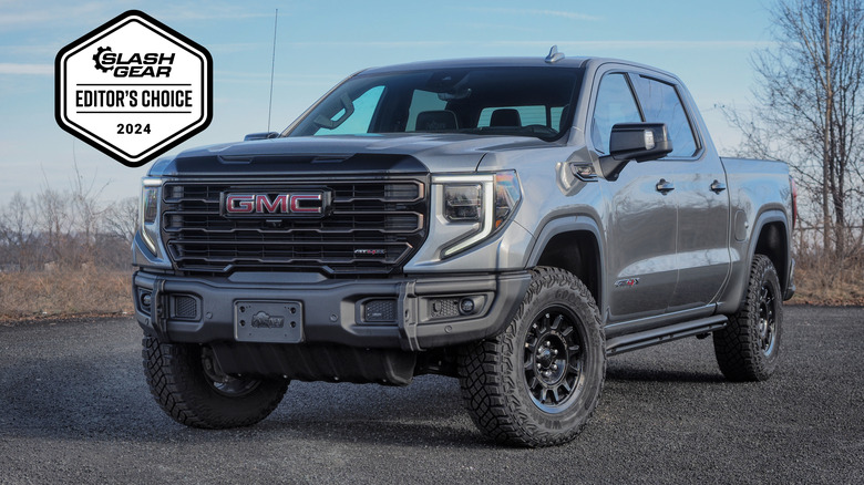 Grey 2024 GMC Sierra 1500 AT4X AEV Edition with an Editor's Choice badge from SlashGear